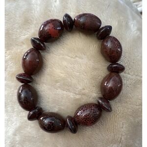 VTG 70s Ceramic Bead Bracelet Brown Red Boho Artisan Hippie‎ Stretch Lava Glaze